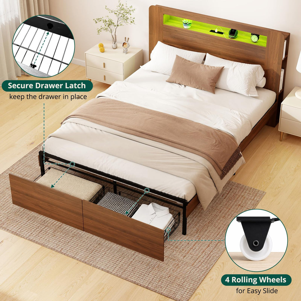 Wood Bed Frame Full with 2 Storage Drawers C5869