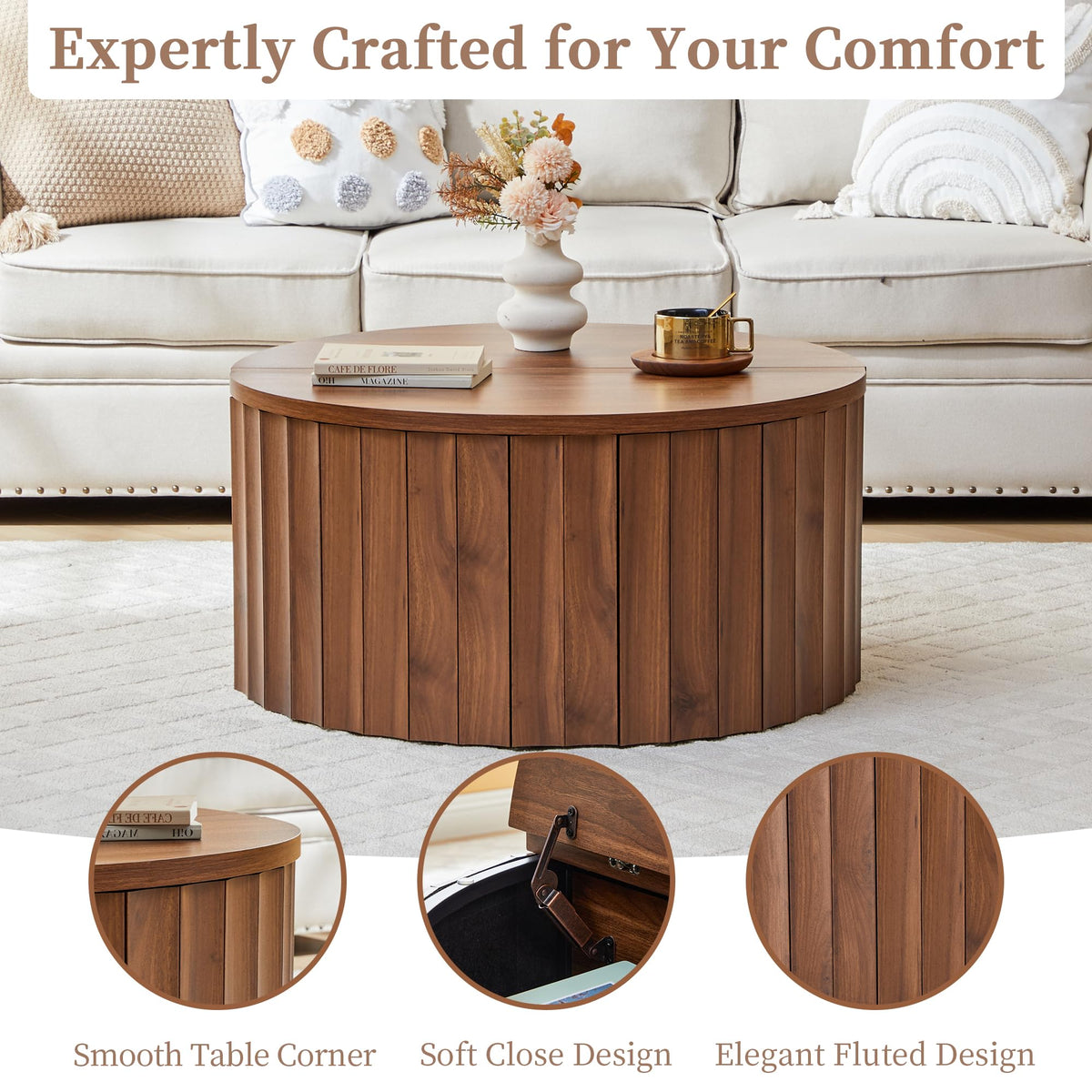 Fluted Round Lift Top Coffee Table with Storage Y103