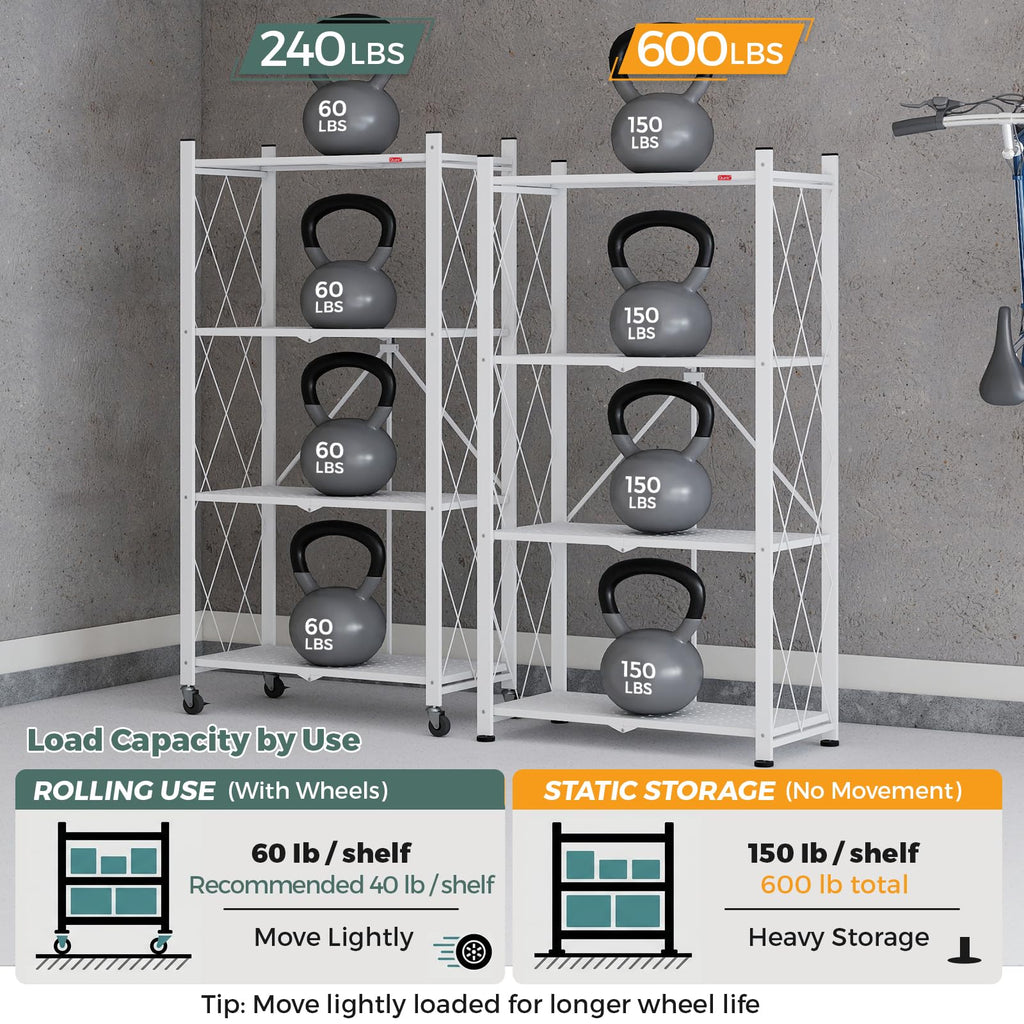 4 Tier White Metal Storage Shelves with Wheels L800