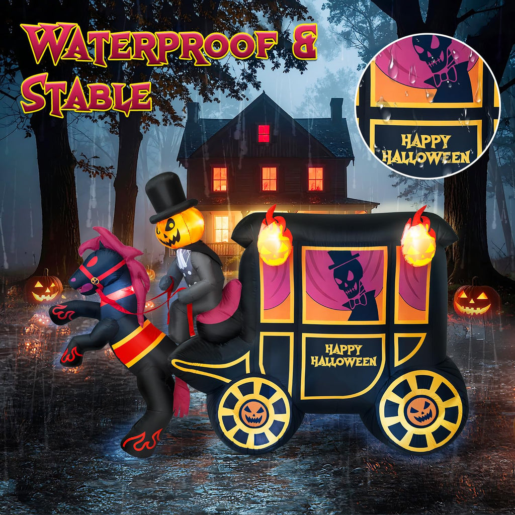 10FT Halloween Inflatable Pumpkin-Headed Horse Carriage with LED Light I9899