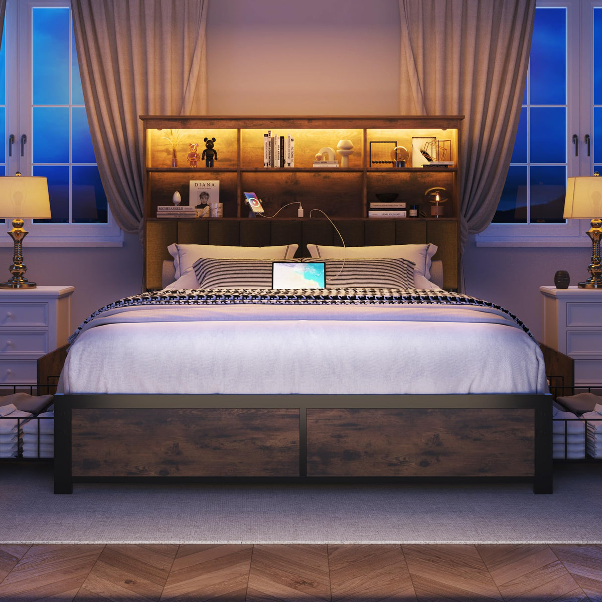 Queen Bed Frame with Storage Drawers and Charging Station K602159