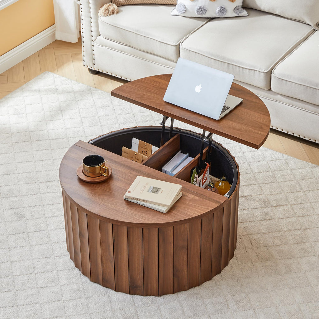 Fluted Round Lift Top Coffee Table with Storage Y103