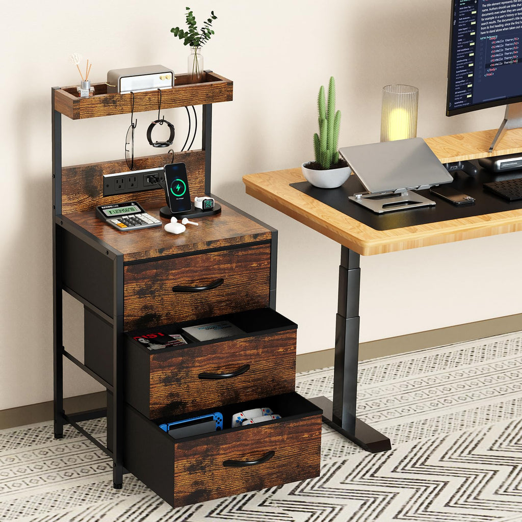 LED Nightstand with Charging Station 3 Fabric Drawers Z141446