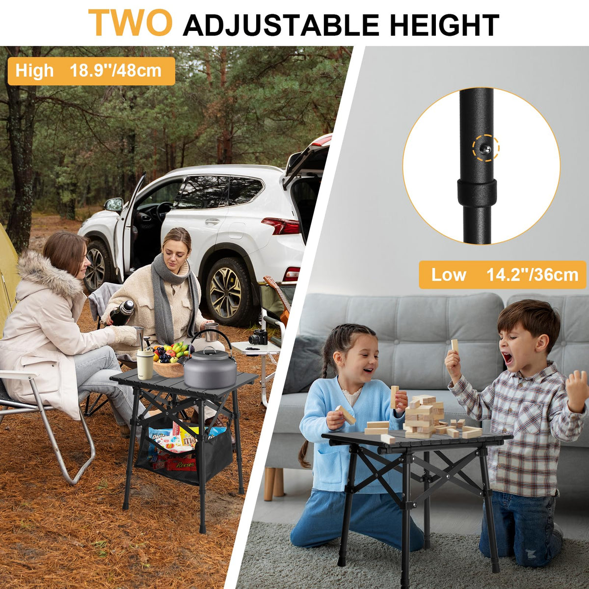 Folding Camping Side Table, Adjustable Height Q404