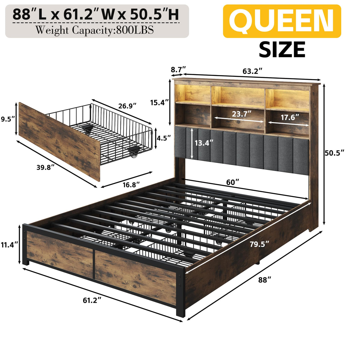 Queen Bed Frame with Storage Drawers and Charging Station K602159