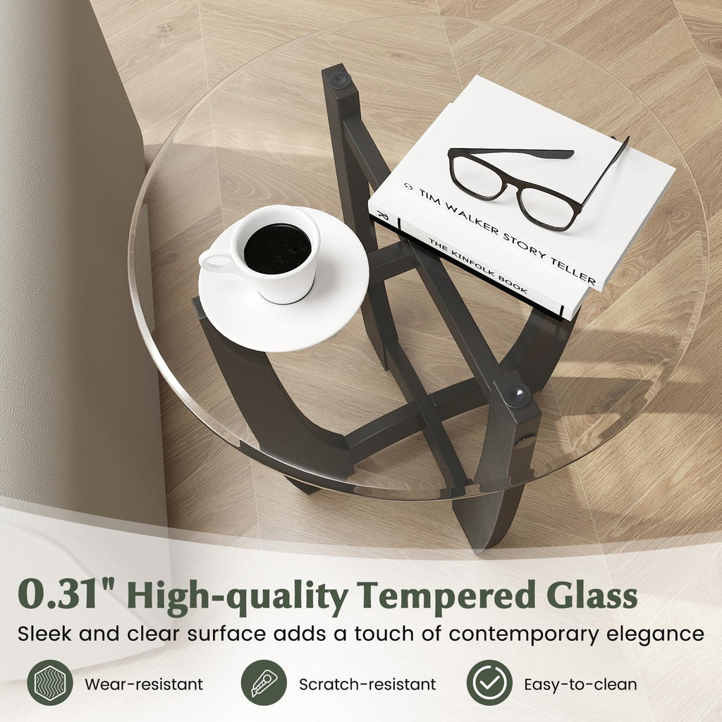 Glass Round End Table Set of 2, 23.5" Black Y908