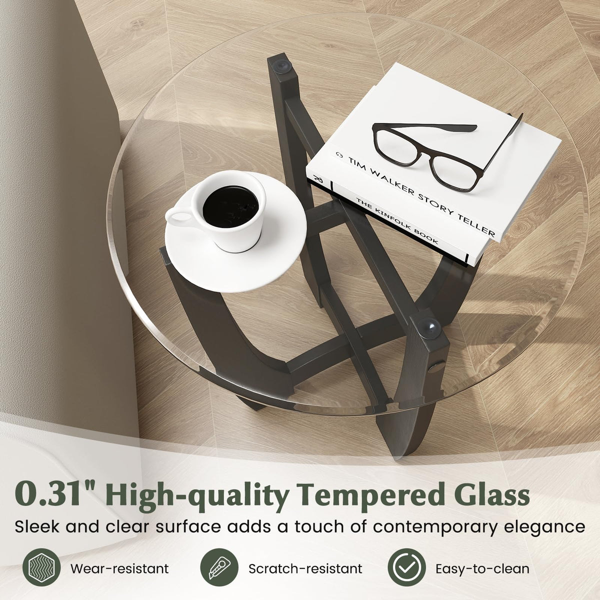 Glass Round End Table Set of 2, 23.5" Black Y908