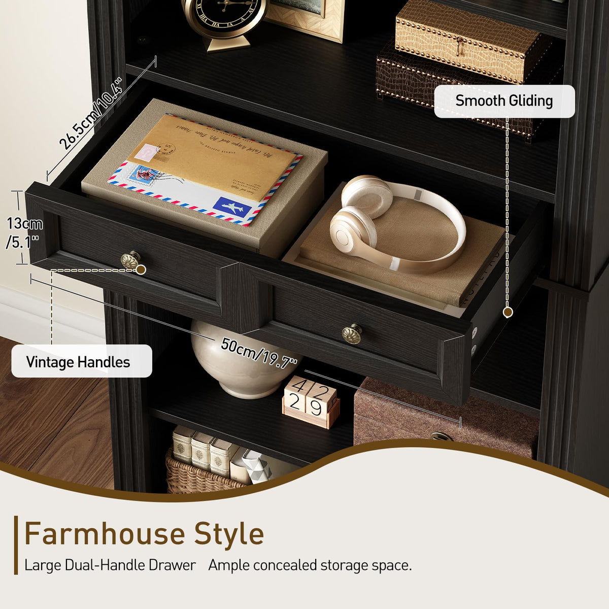 73" Tall Black 6-Tier Wood Bookshelf with Drawer C951121