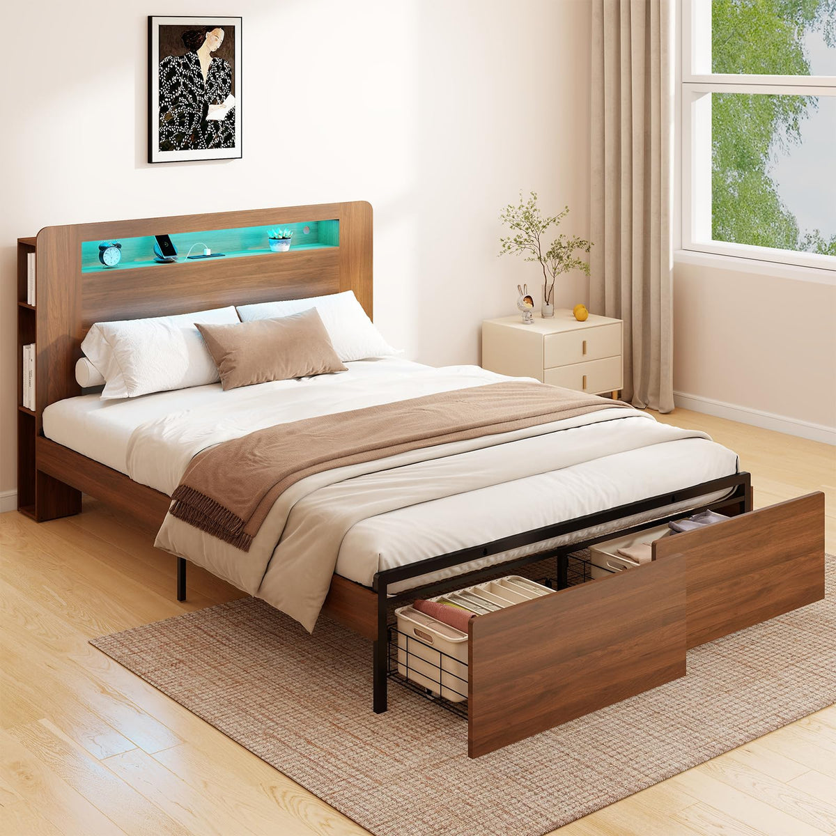Wood Bed Frame Full with 2 Storage Drawers C5869