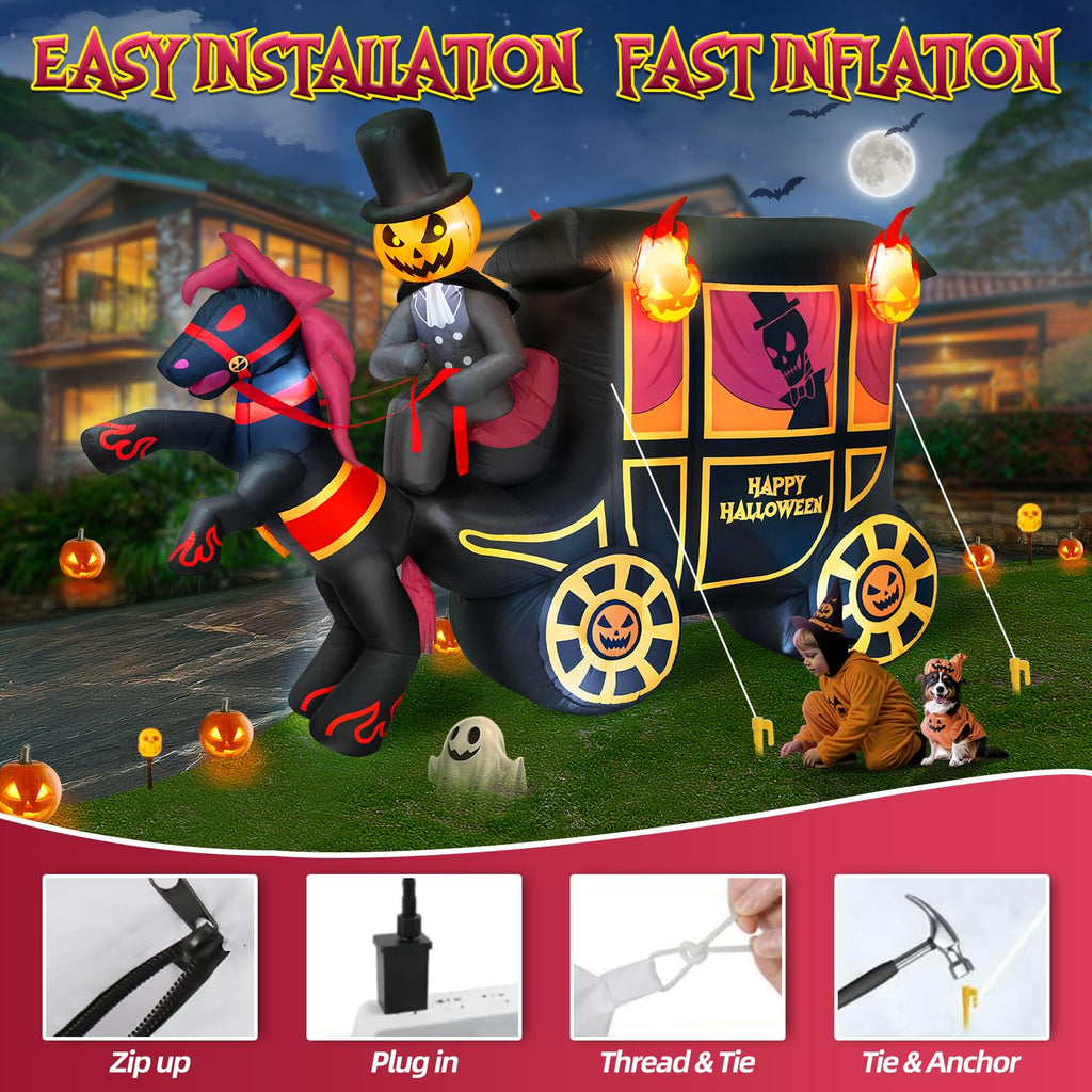 10FT Halloween Inflatable Pumpkin-Headed Horse Carriage with LED Light I9899