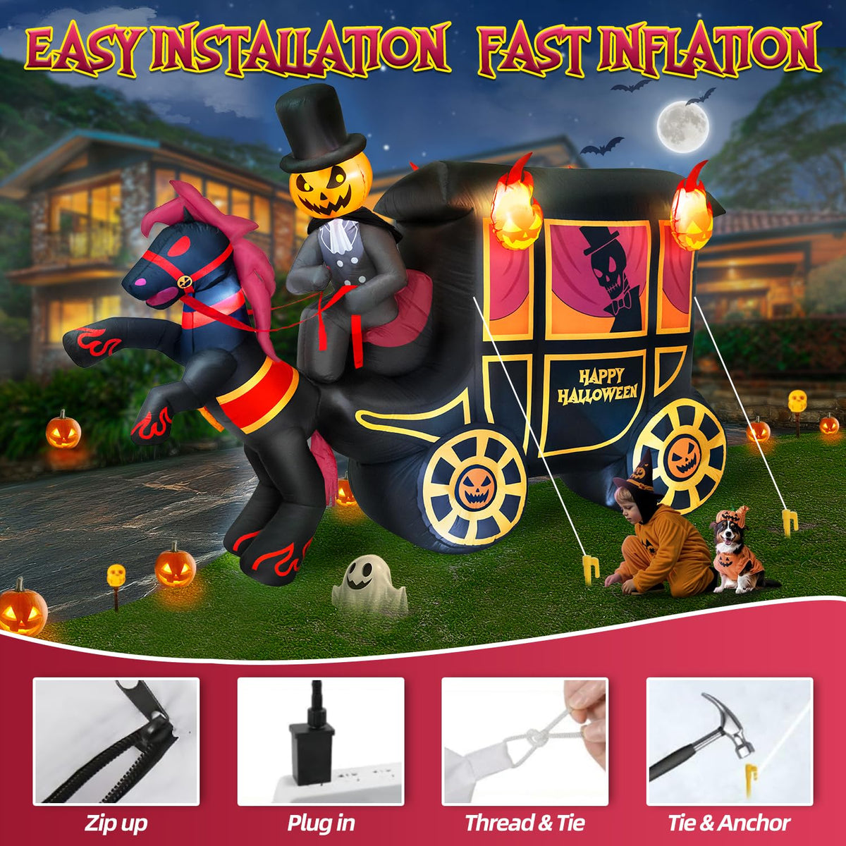 10FT Halloween Inflatable Pumpkin-Headed Horse Carriage with LED Light I9899