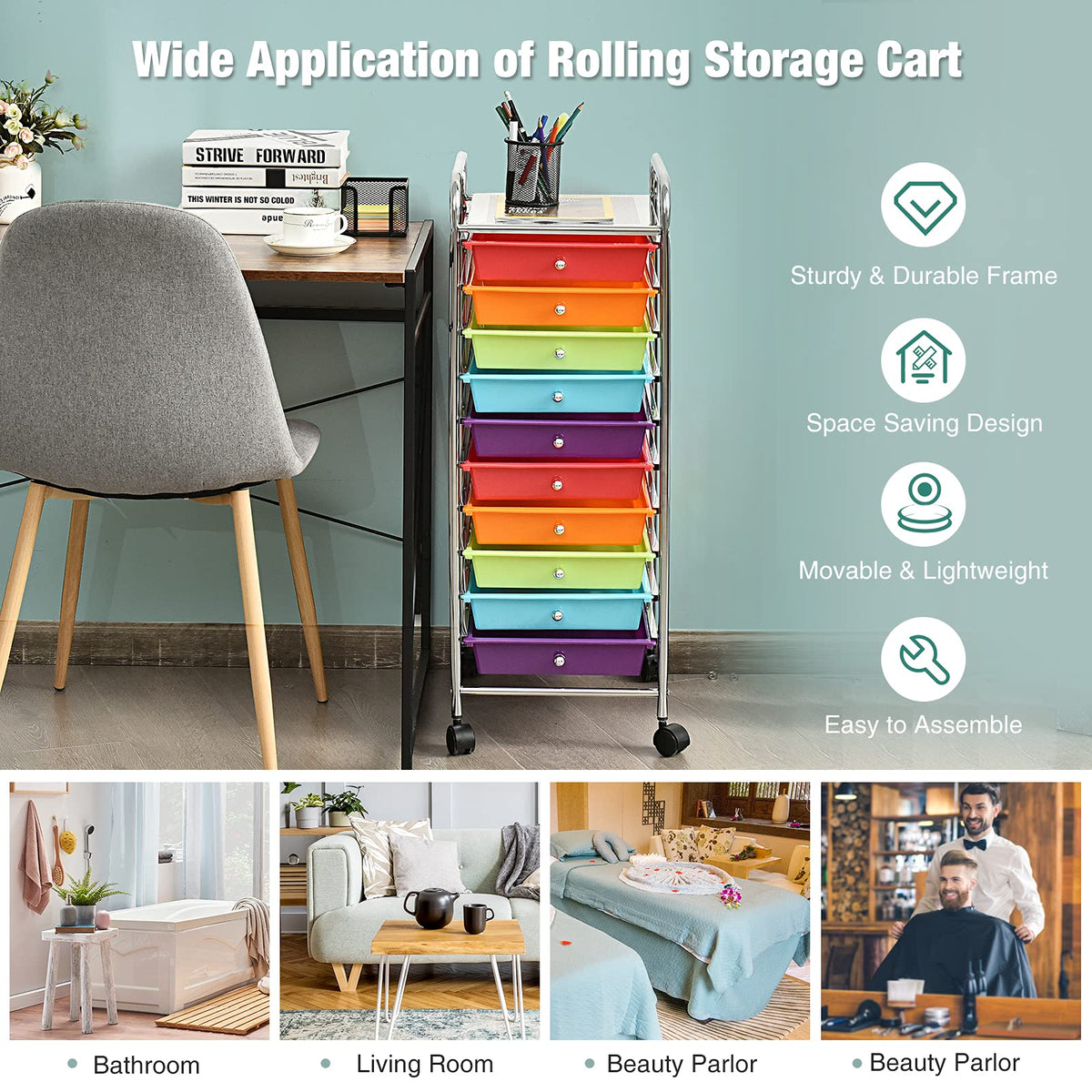 10 Drawer Multicolor Alloy Steel Storage Cart W462137