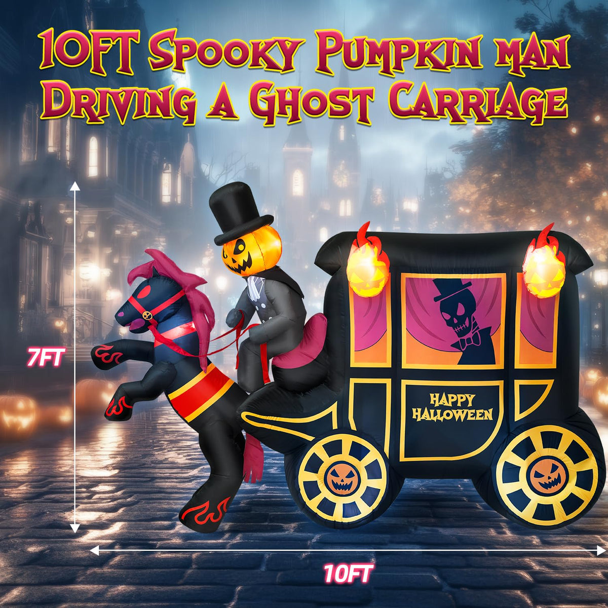 10FT Halloween Inflatable Pumpkin-Headed Horse Carriage with LED Light I9899