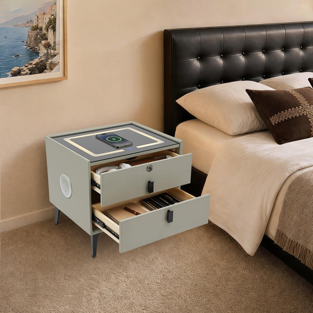 Light Gray Solid Wood Nightstand with Charging Station and 2 Drawers N20469