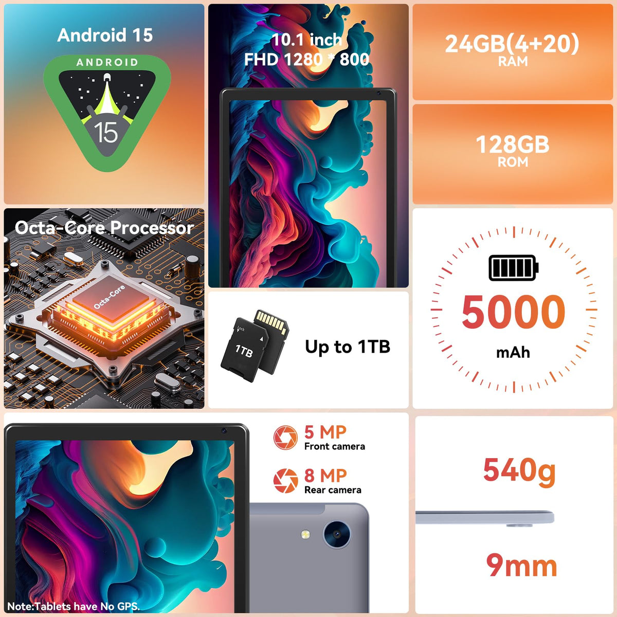 10.1" Android Tablet with Octa-core Processor 24GB RAM 128GB ROM HD IPS Touchscreen K370240