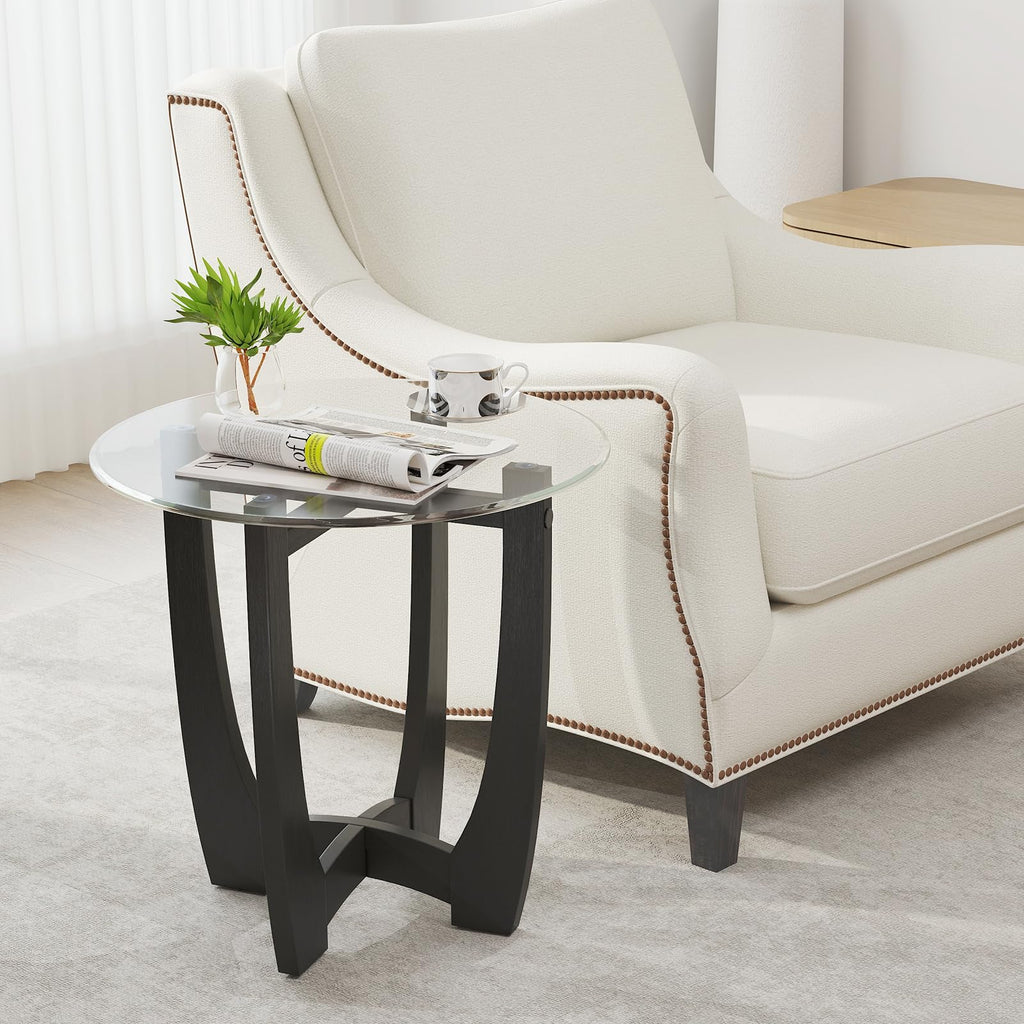 Glass Round End Table Set of 2, 23.5" Black Y908