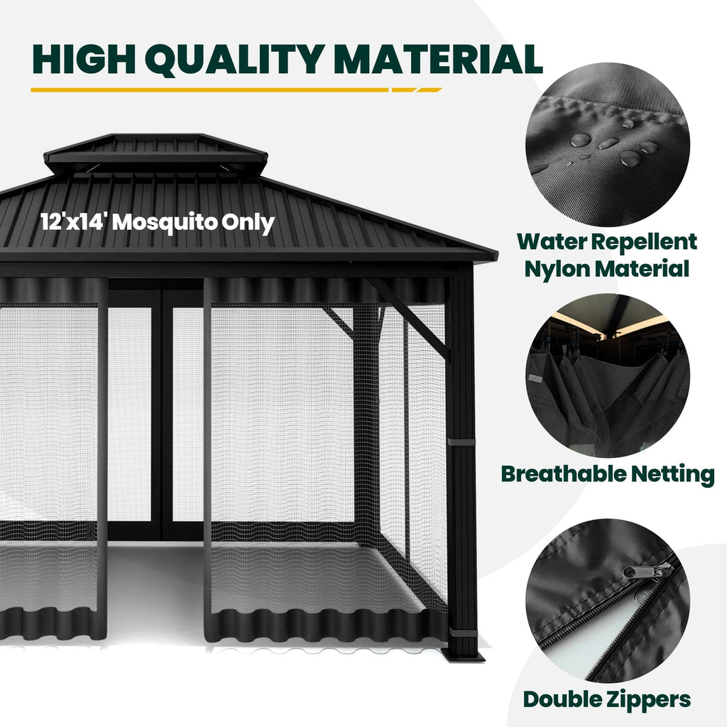 12' x 14' 4-Panel Gazebo Mosquito Netting with Zippers, Black E641