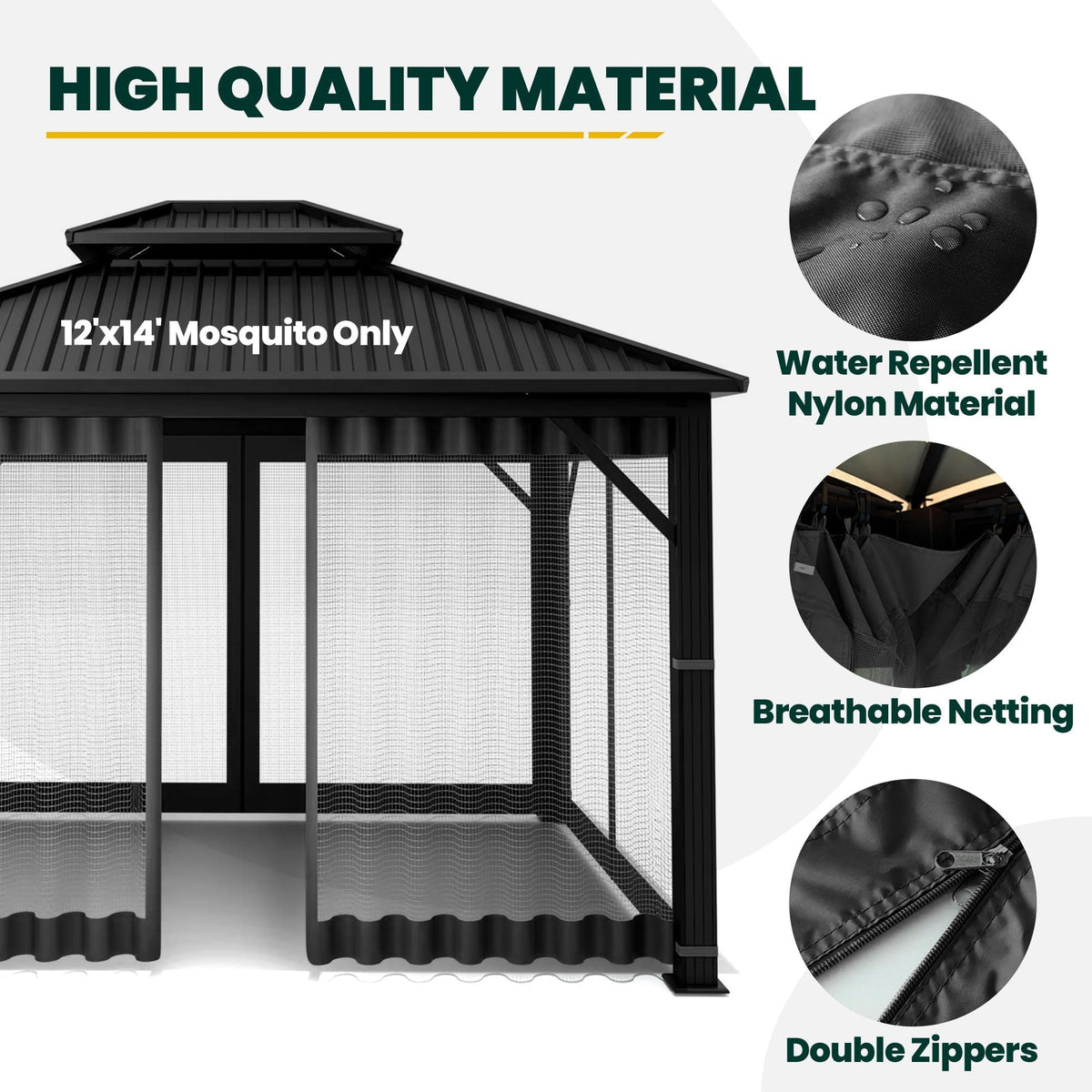 12' x 14' 4-Panel Gazebo Mosquito Netting with Zippers, Black E641