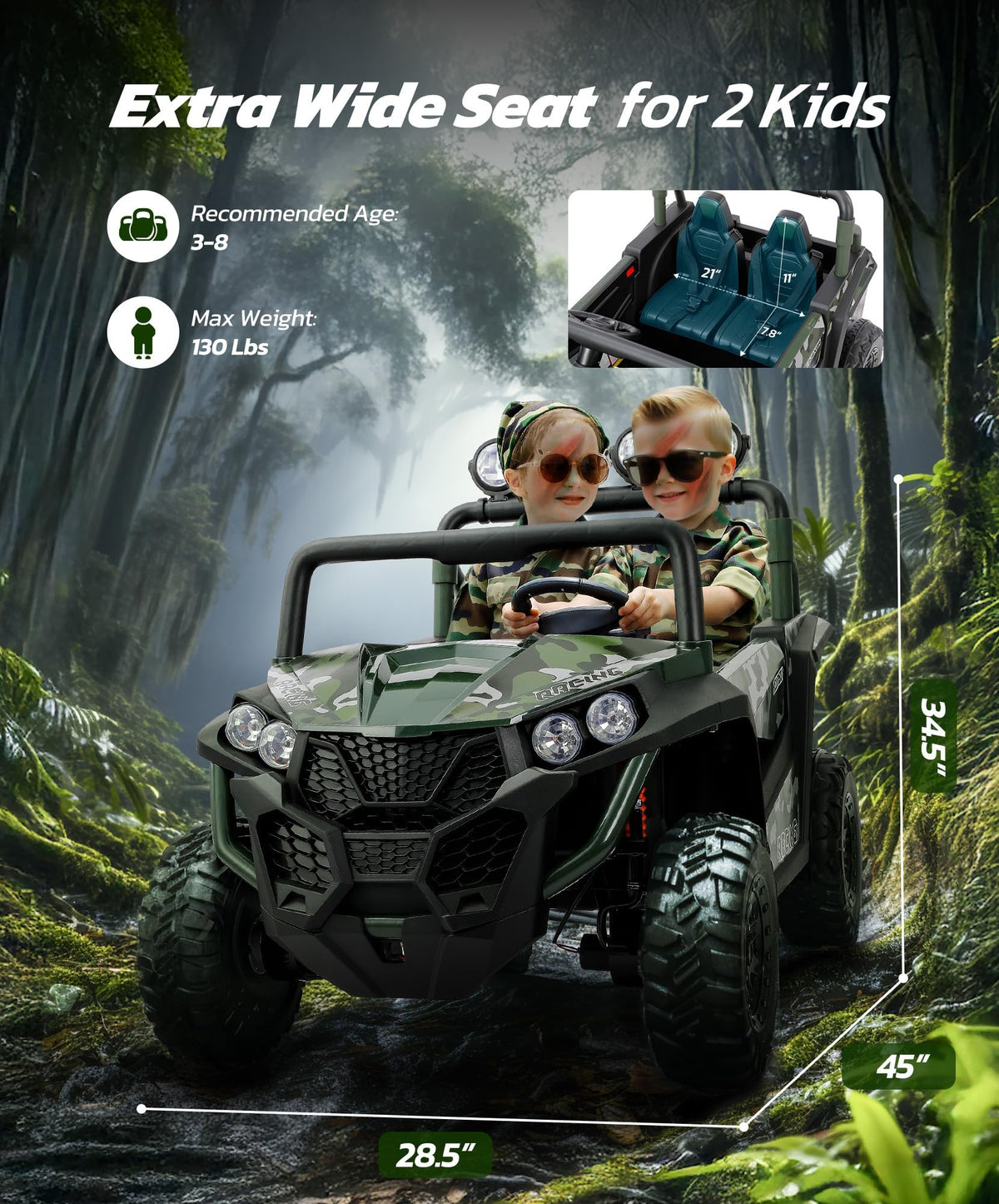 2 Seater 24V Battery Powered Ride on Car with Remote Control, Camouflage Green F240