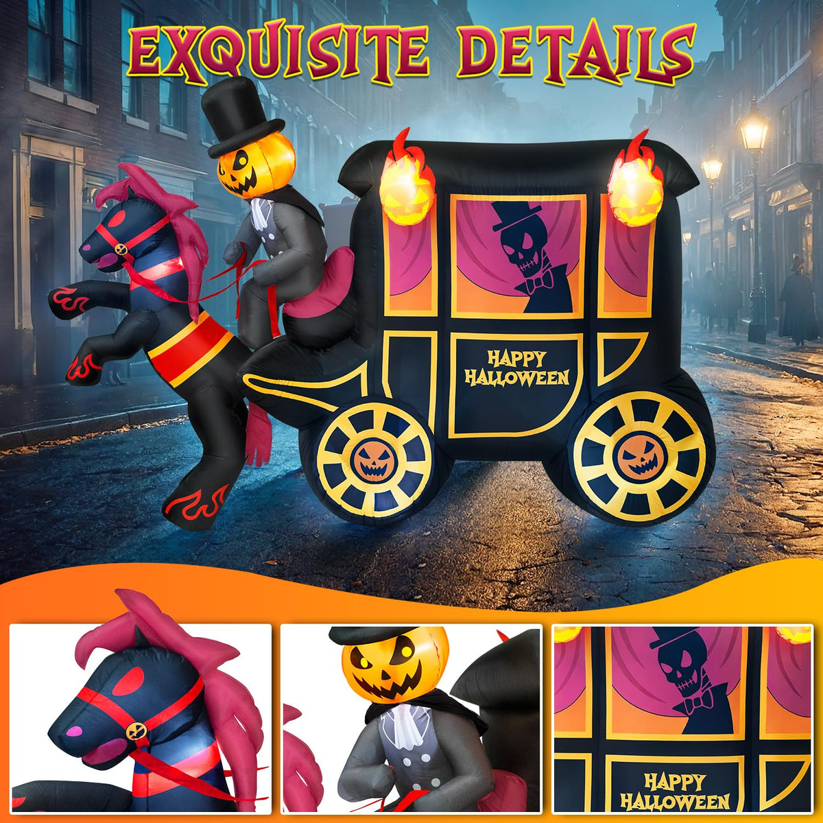 10FT Halloween Inflatable Pumpkin-Headed Horse Carriage with LED Light I9899