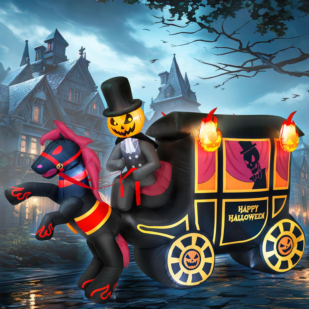 10FT Halloween Inflatable Pumpkin-Headed Horse Carriage with LED Light I9899