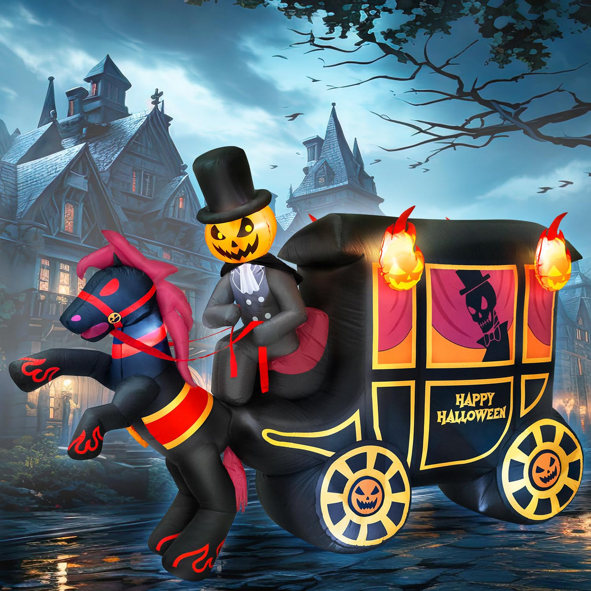 10FT Halloween Inflatable Pumpkin-Headed Horse Carriage with LED Light I9899