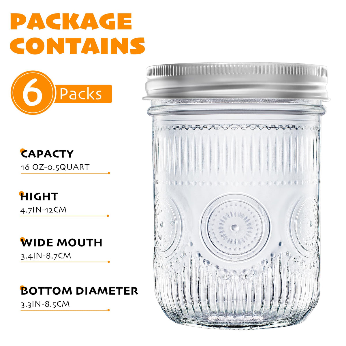16 oz Regular Mouth Mason Jars with Lids 6 Pack J150887