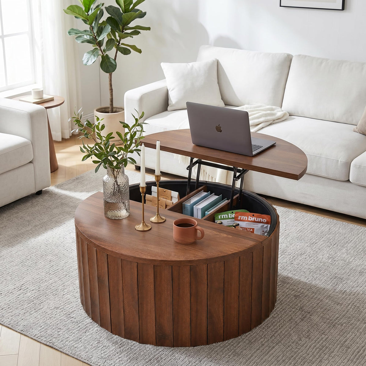 Fluted Round Lift Top Coffee Table with Storage Y103