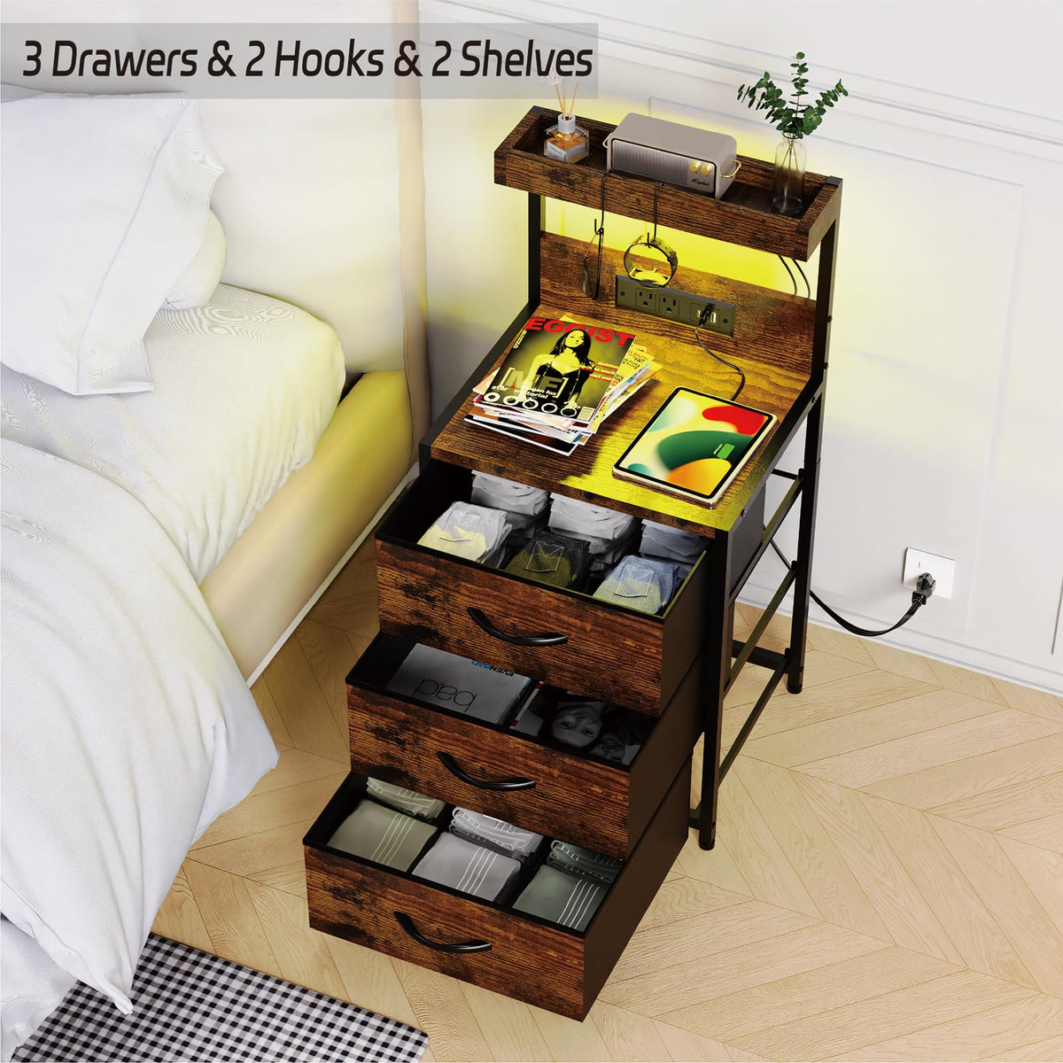 LED Nightstand with Charging Station 3 Fabric Drawers Z141446