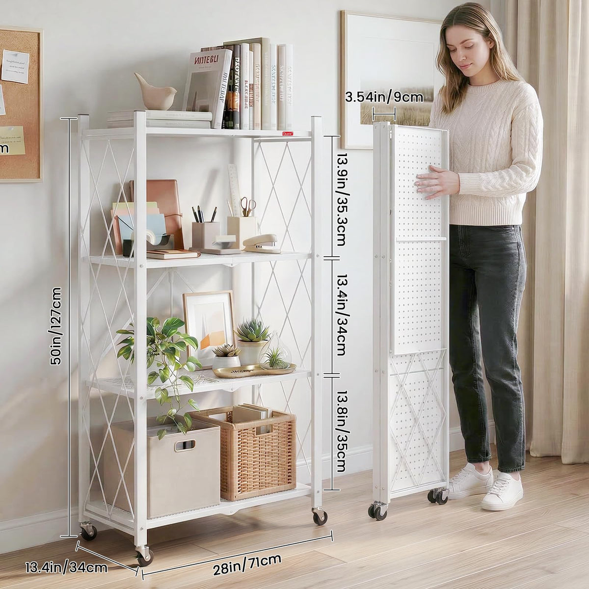 4 Tier White Metal Storage Shelves with Wheels L800