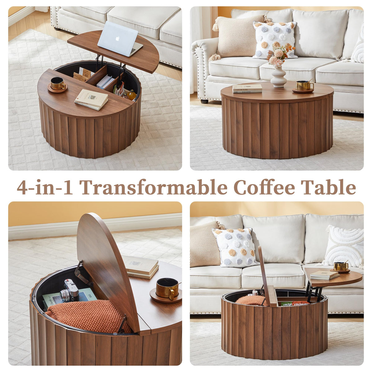 Fluted Round Lift Top Coffee Table with Storage Y103