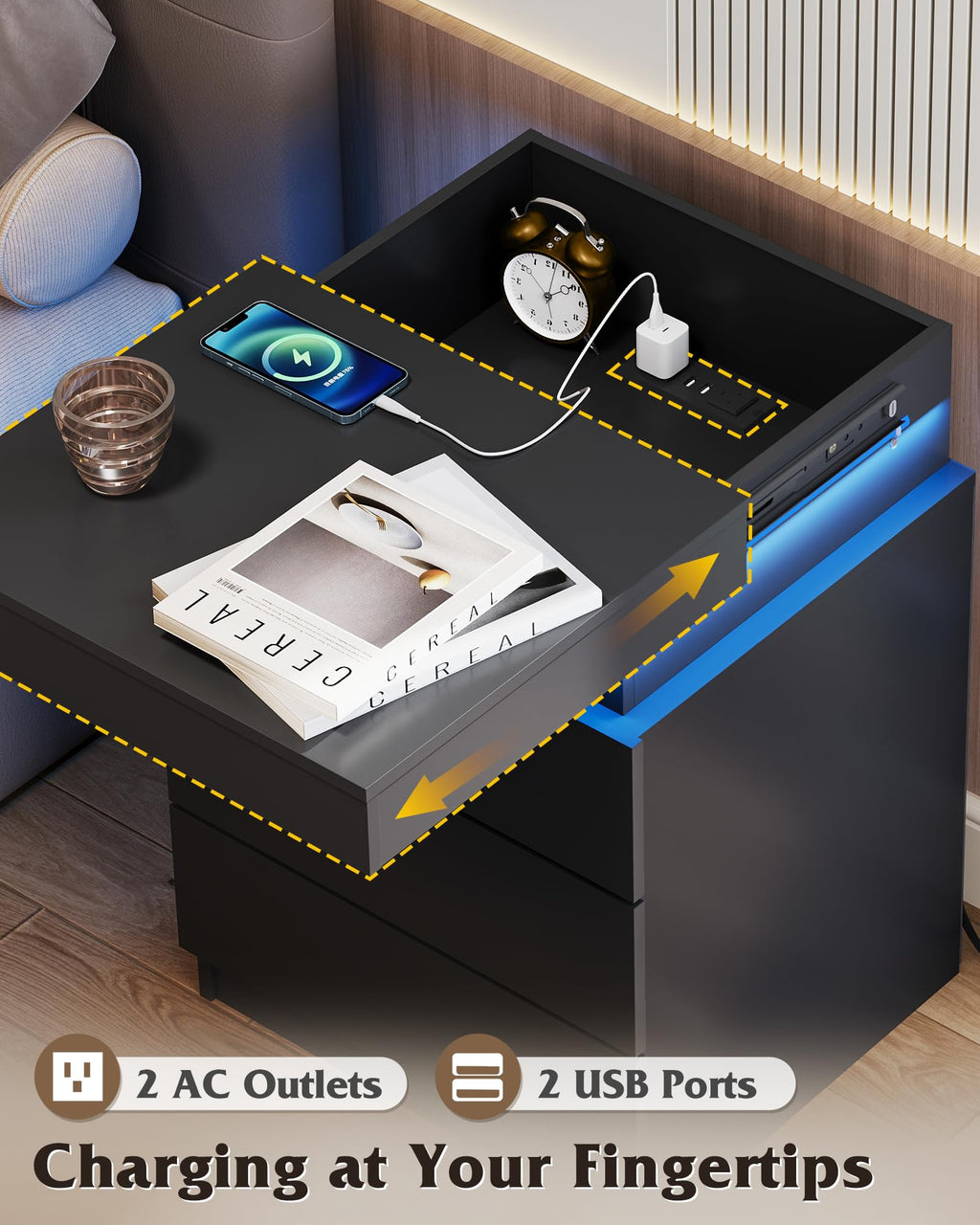 Black Nightstand with Charging Station B3865