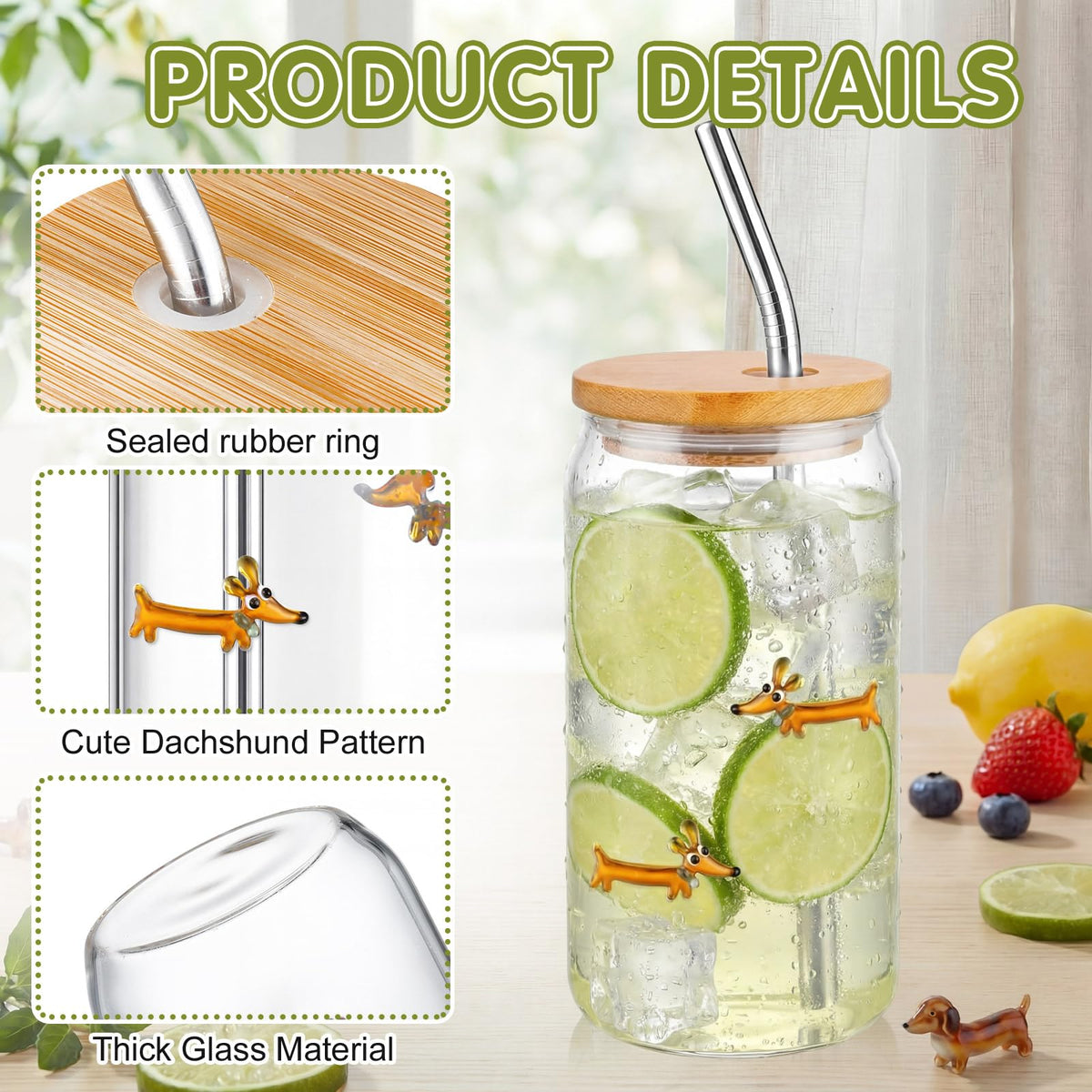 22 oz Dachshund Glass Cup with Lid Straw W795