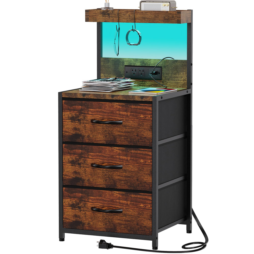 LED Nightstand with Charging Station 3 Fabric Drawers Z141446
