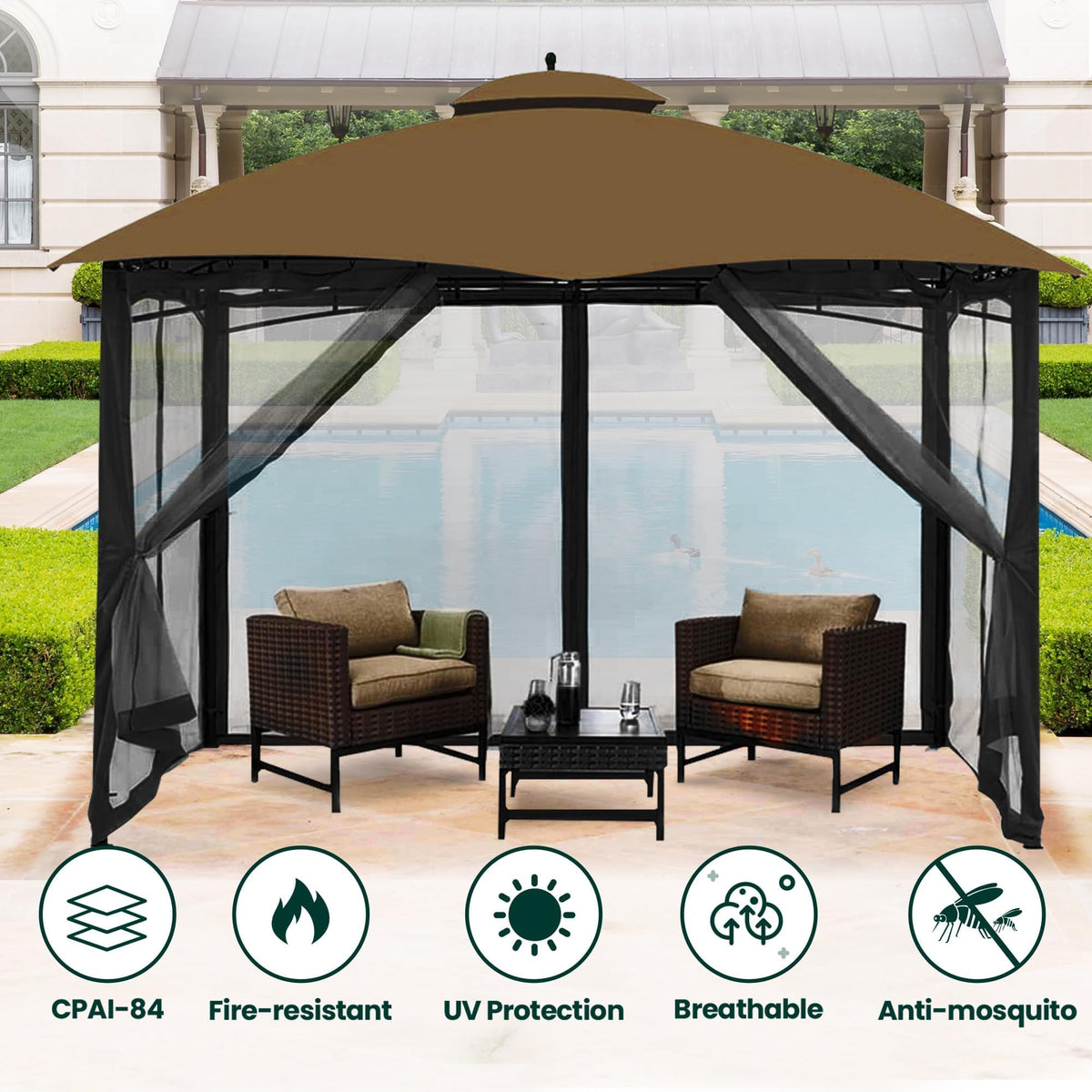 12' x 14' 4-Panel Gazebo Mosquito Netting with Zippers, Black E641