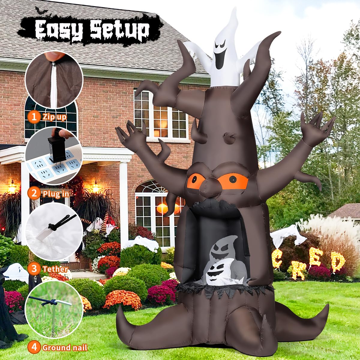 9 Ft Animated Inflatable Dead Tree and White Ghost with Built-In LEDs K77716