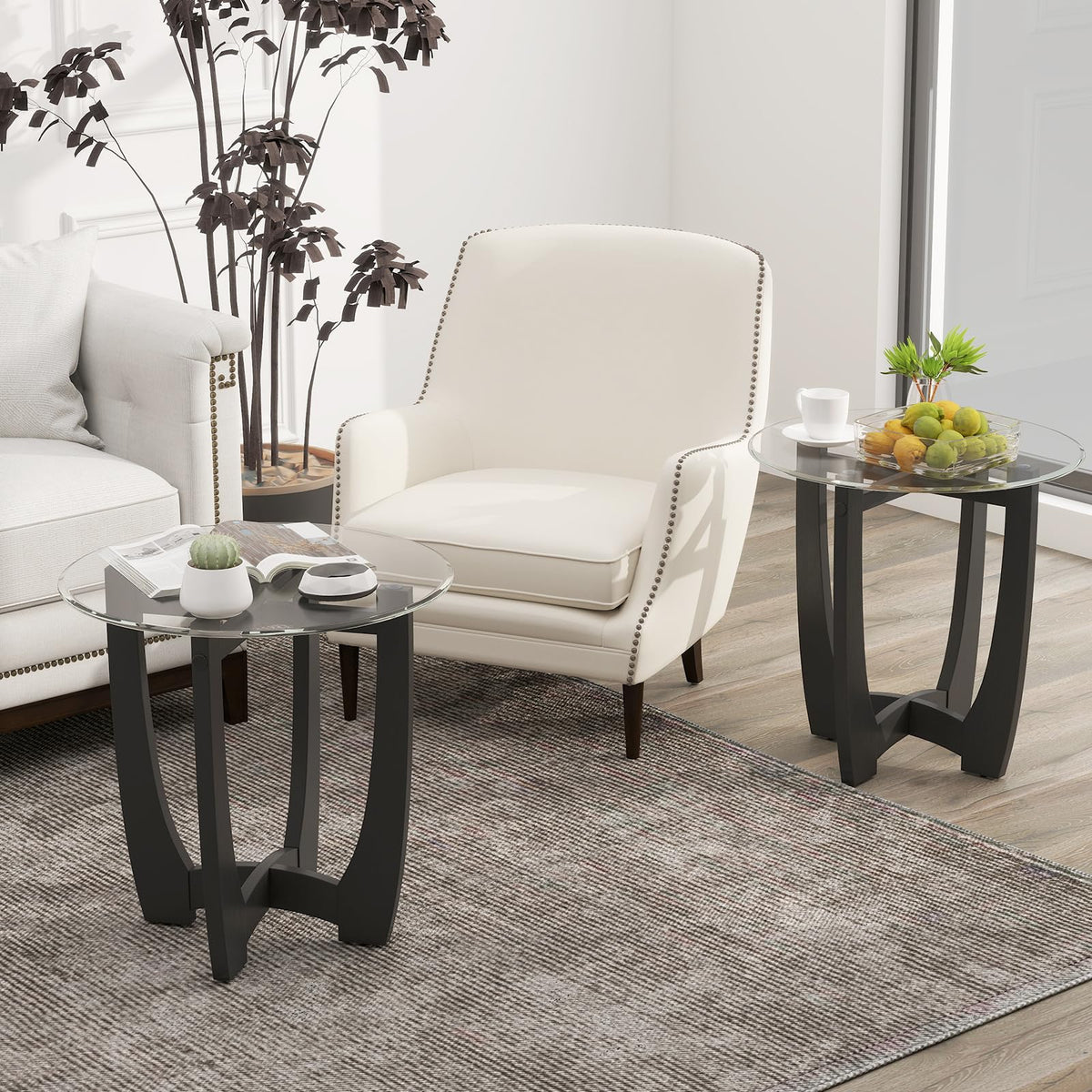 Glass Round End Table Set of 2, 23.5" Black Y908