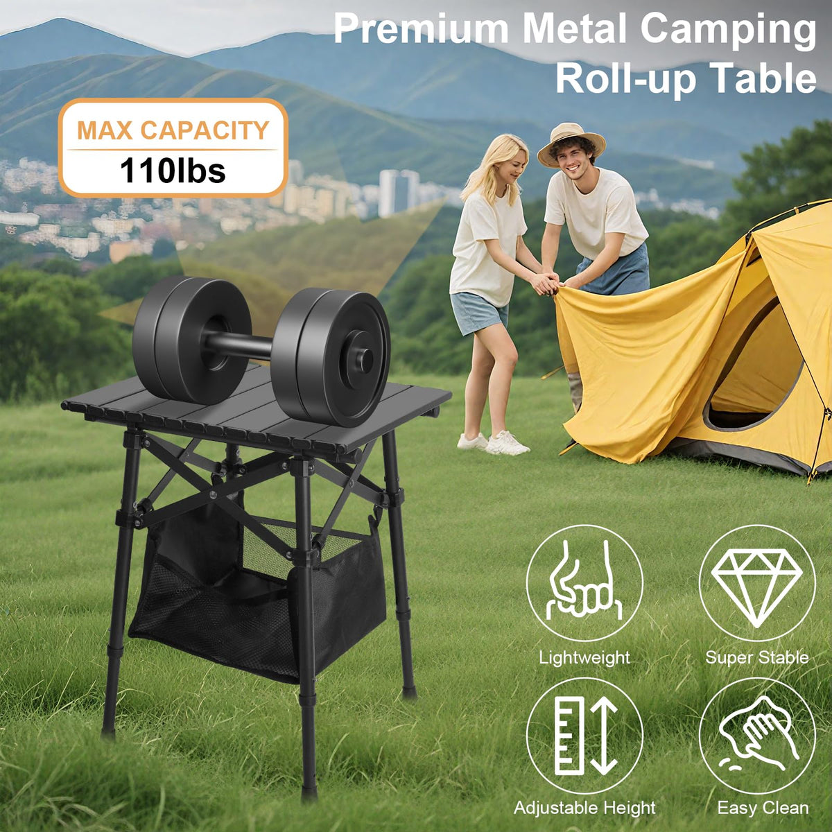 Folding Camping Side Table, Adjustable Height Q404