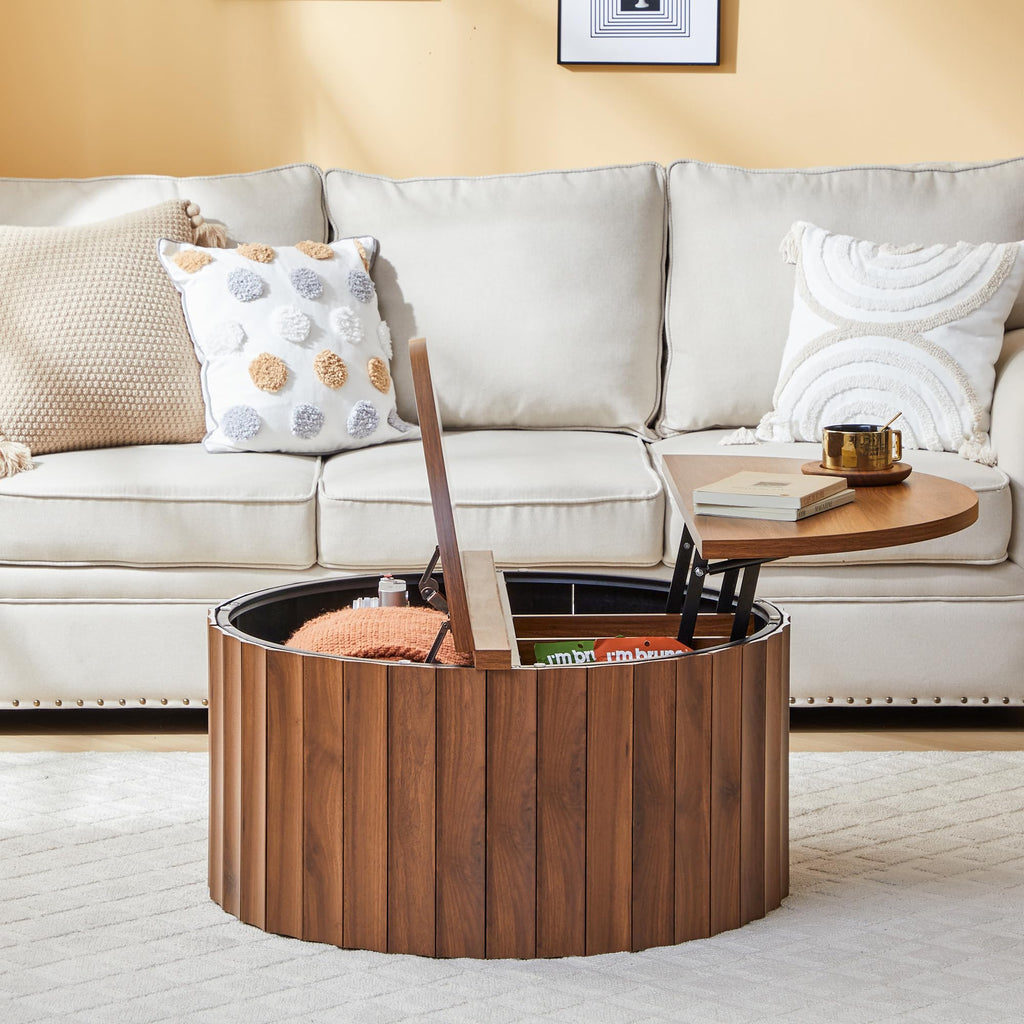 Fluted Round Lift Top Coffee Table with Storage Y103