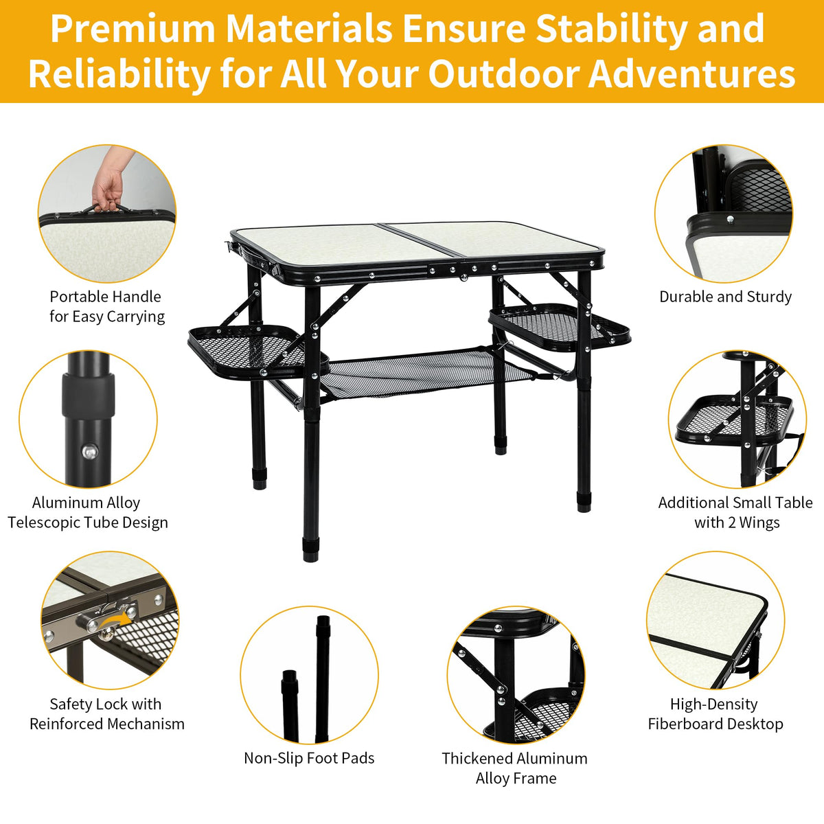 Folding Aluminum Camping Table 3-Height Adjustable with Carry Handle M4485