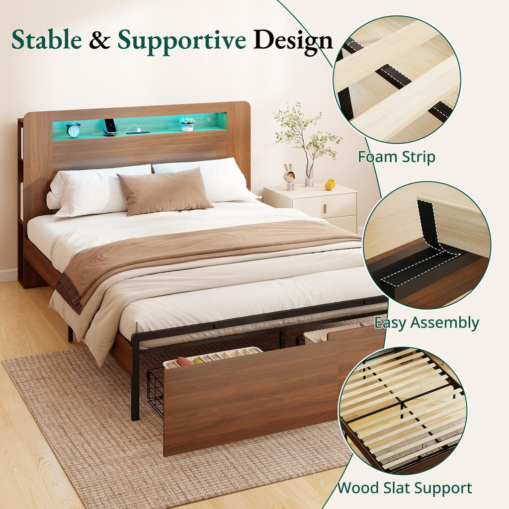 Wood Bed Frame Full with 2 Storage Drawers C5869