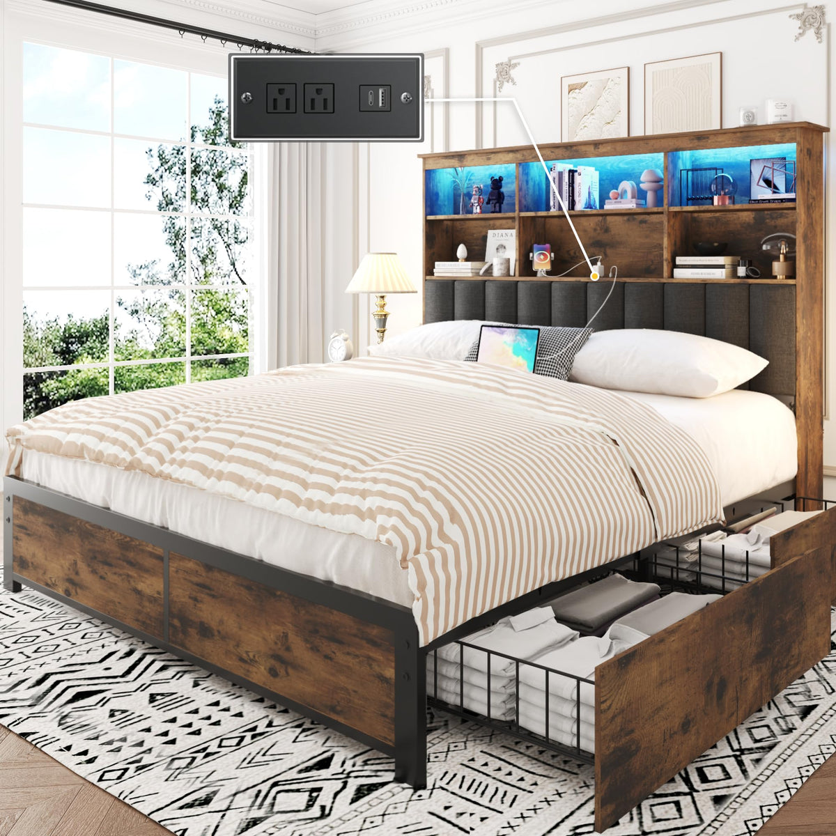 Queen Bed Frame with Storage Drawers and Charging Station K602159