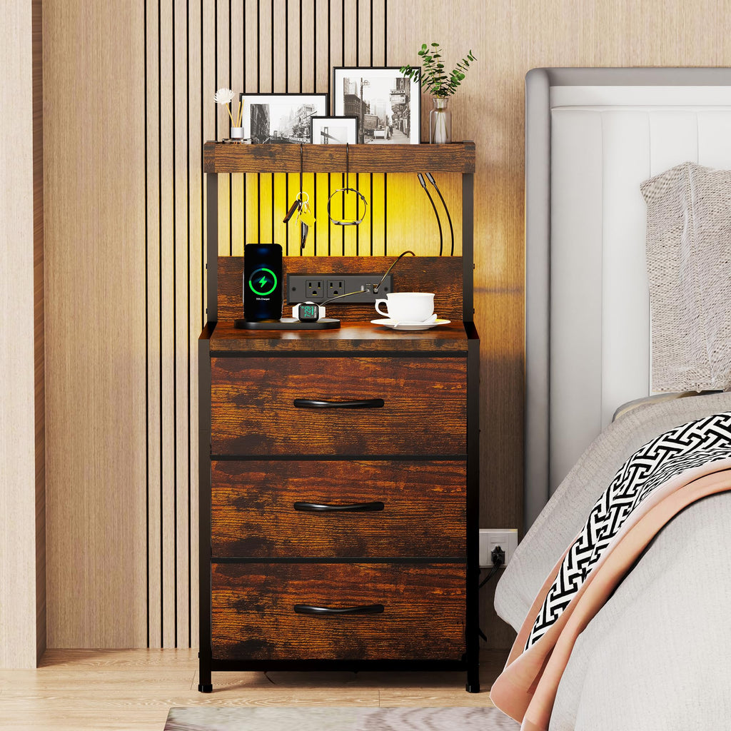LED Nightstand with Charging Station 3 Fabric Drawers Z141446