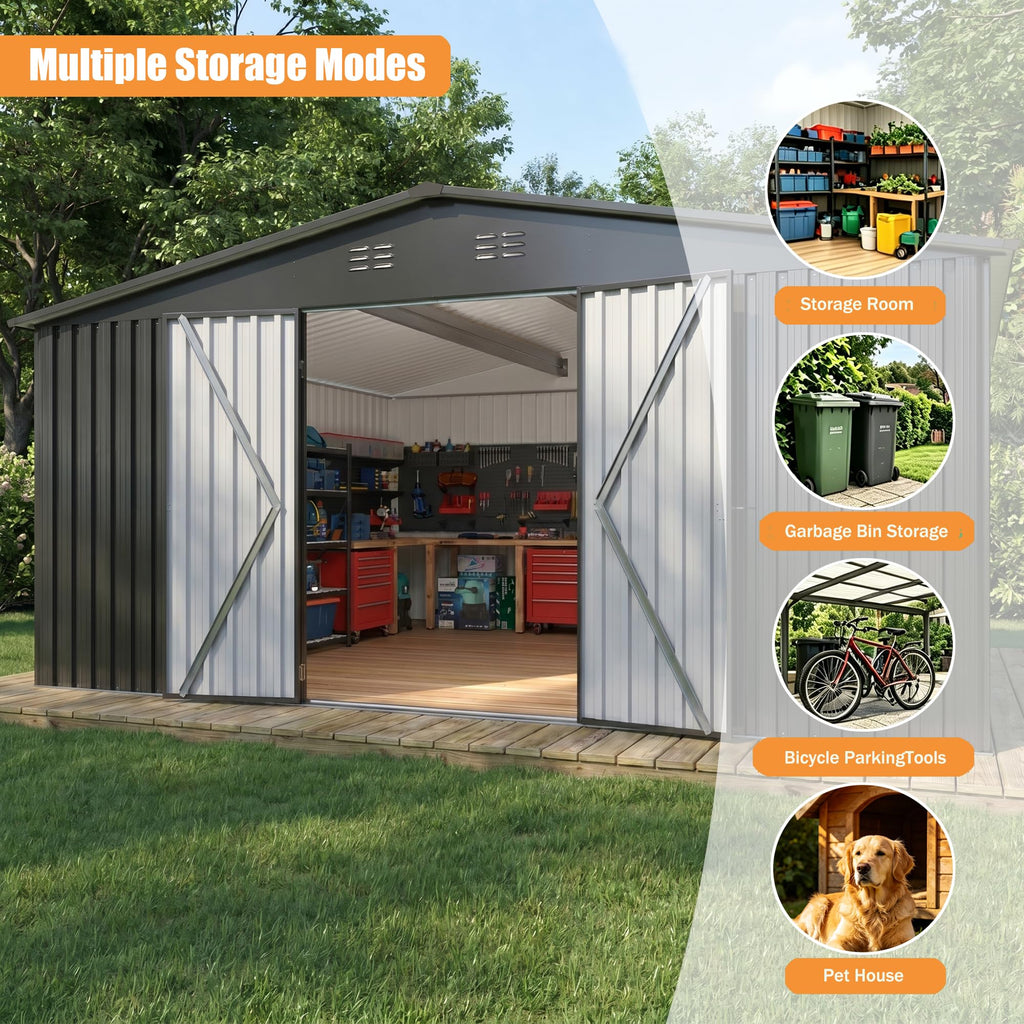 14x12 FT Metal Outdoor Storage Shed with Lockable Door B52393