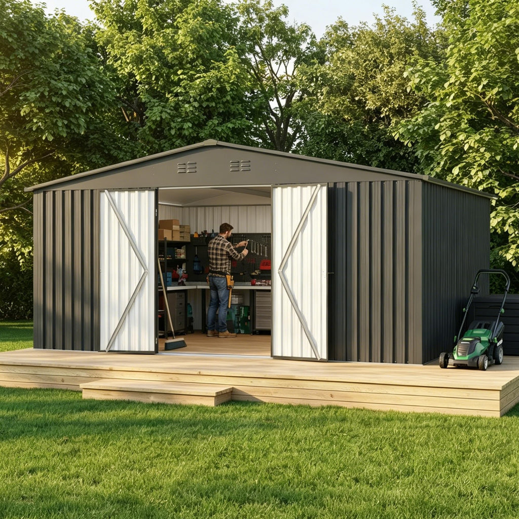 14x12 FT Metal Outdoor Storage Shed with Lockable Door B52393