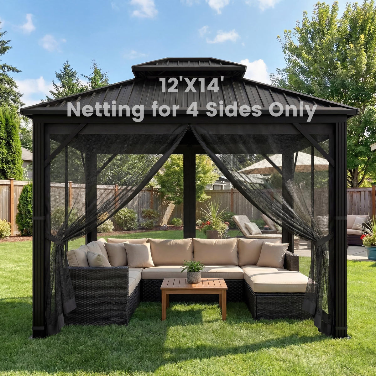 12' x 14' 4-Panel Gazebo Mosquito Netting with Zippers, Black E641