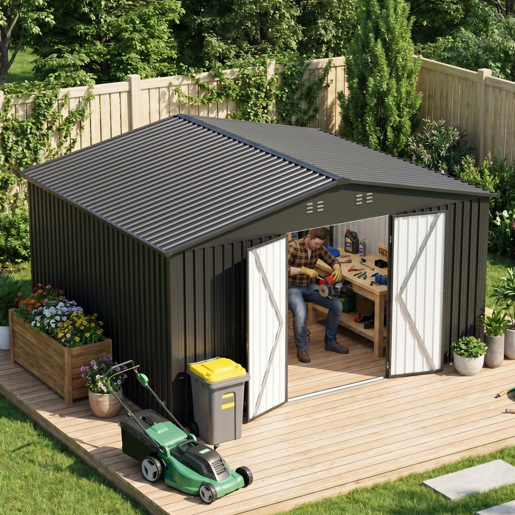 14x12 FT Metal Outdoor Storage Shed with Lockable Door B52393